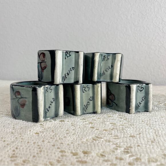 Floral Hand Painted Mexican Pottery Napkin Rings - Picture 5 of 16
